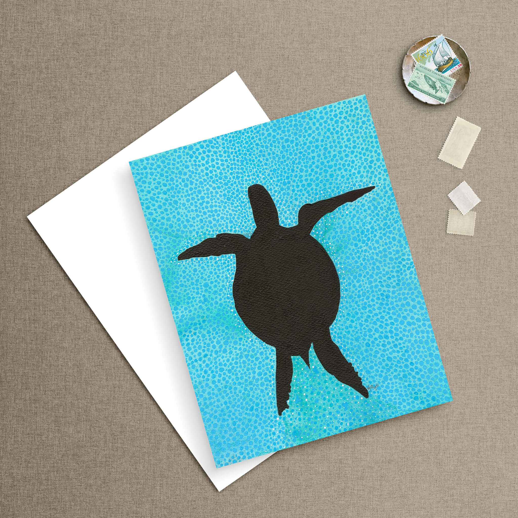 Turtle silhouette note card with envelope and vintage postage stamps