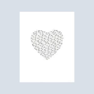 I Love You note card in black hand-lettered type on white cardstock, displayed on a soft light blue background