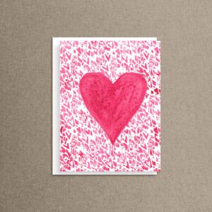 Heart to Heart watercolor note card featuring a bold pink heart with painterly texture on a whimsical pattern of tiny hearts — a sweet heart note card for love notes, thank-yous, or just because.