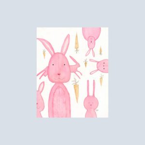 Bunny Bunny notecard featuring pink rabbits and tiny carrots, displayed against a light blue background.