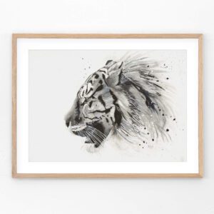 Untamed black and white tiger watercolor print in a light wood frame