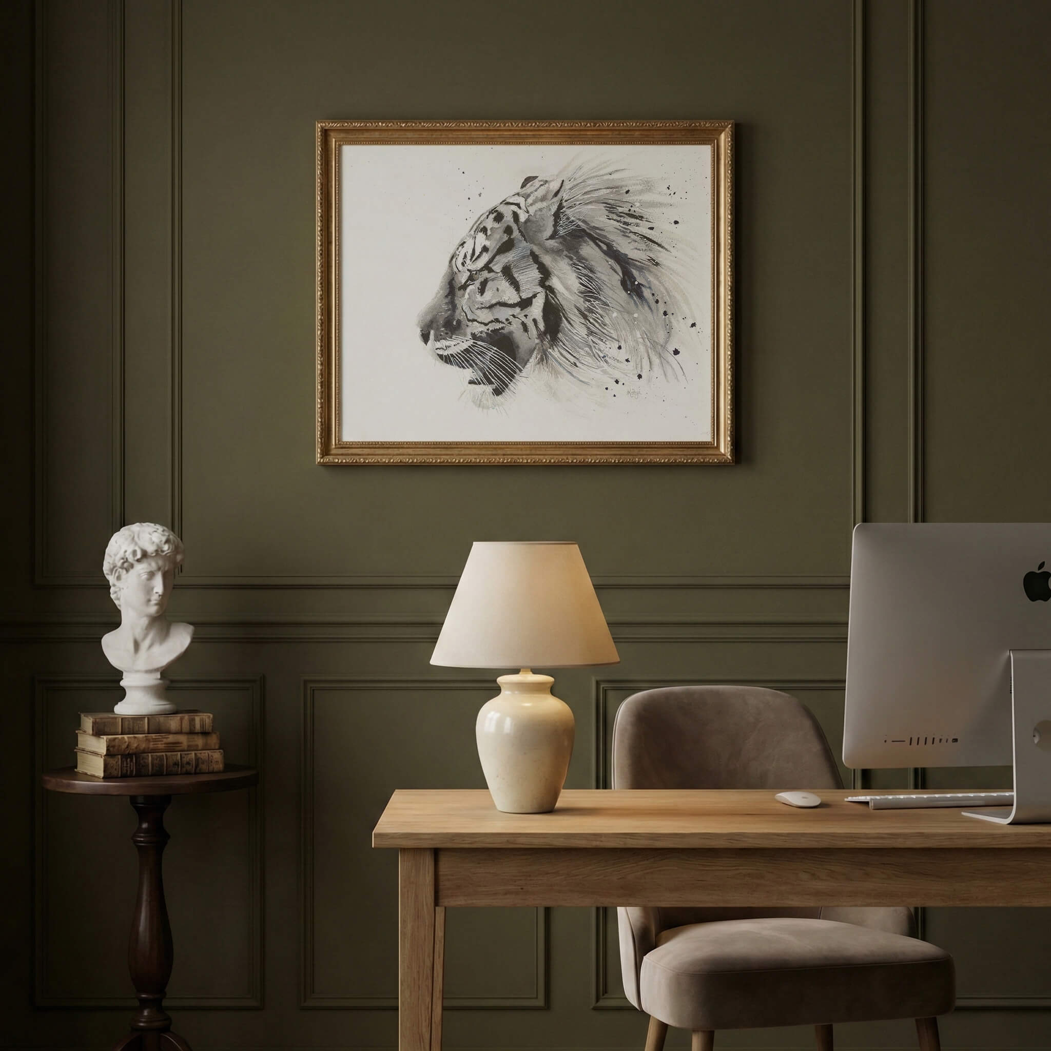 Untamed black and white tiger print framed in a moody green home office