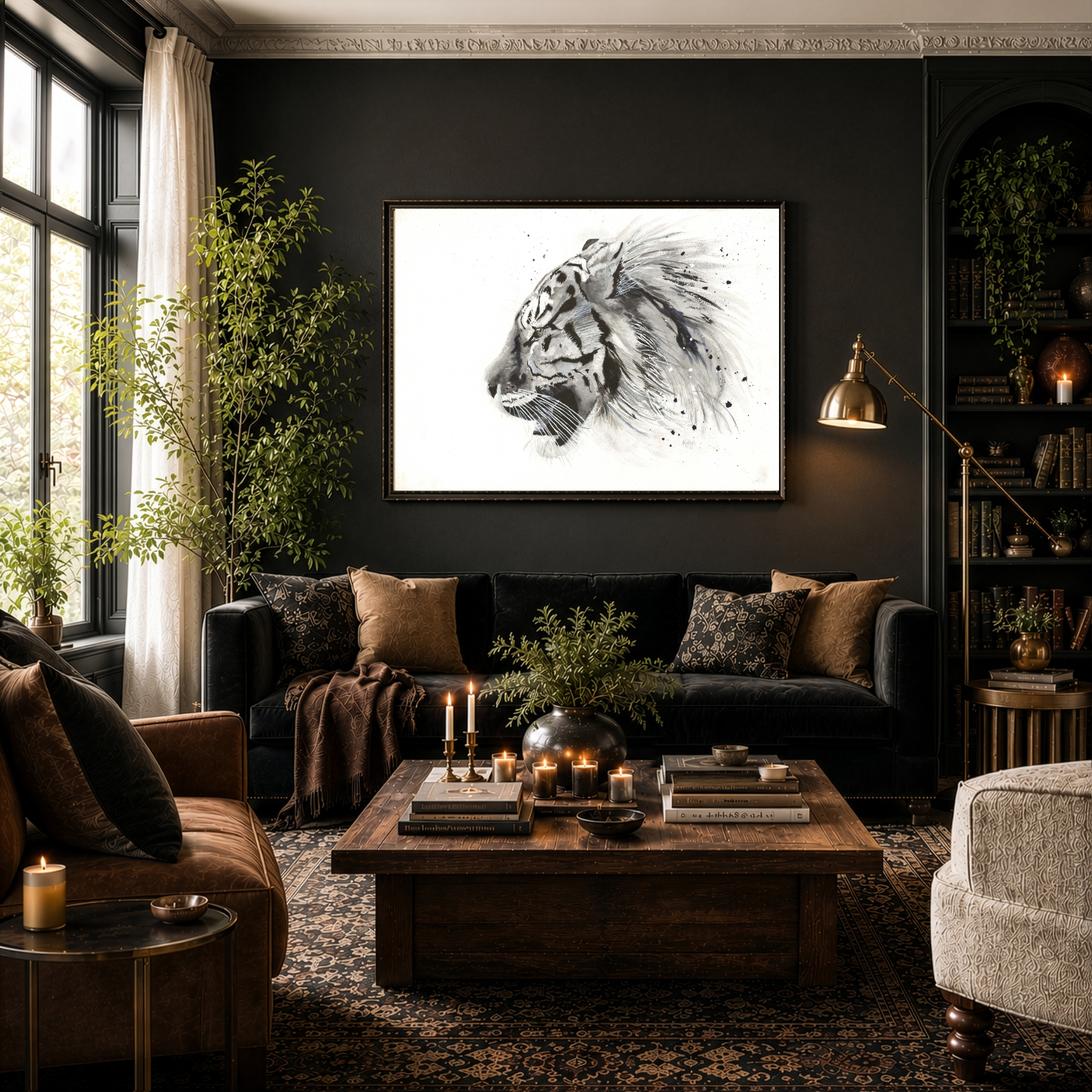 Untamed black and white tiger print framed in a moody dark living room