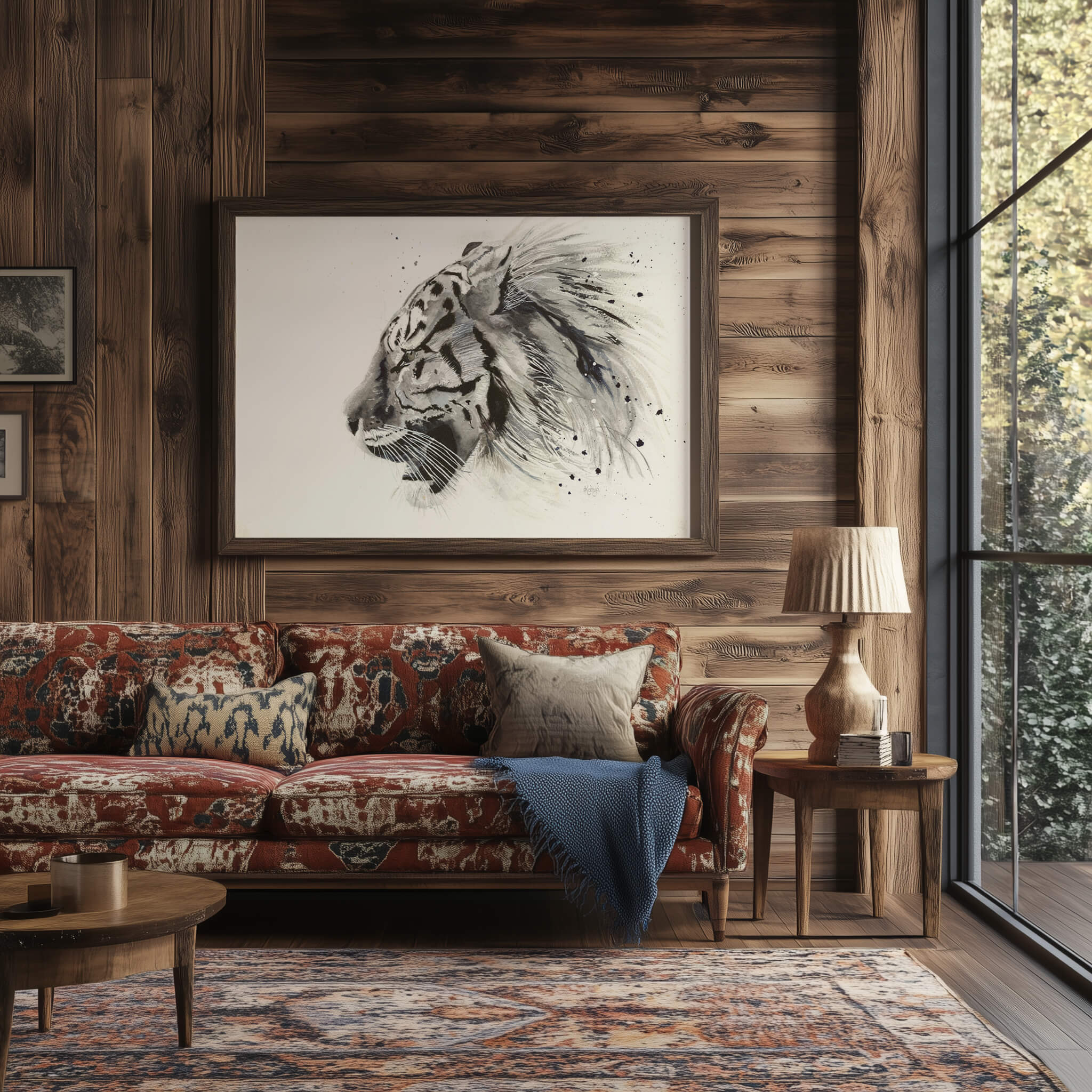 Untamed black and white tiger print framed above a red sofa in a rustic cabin living room