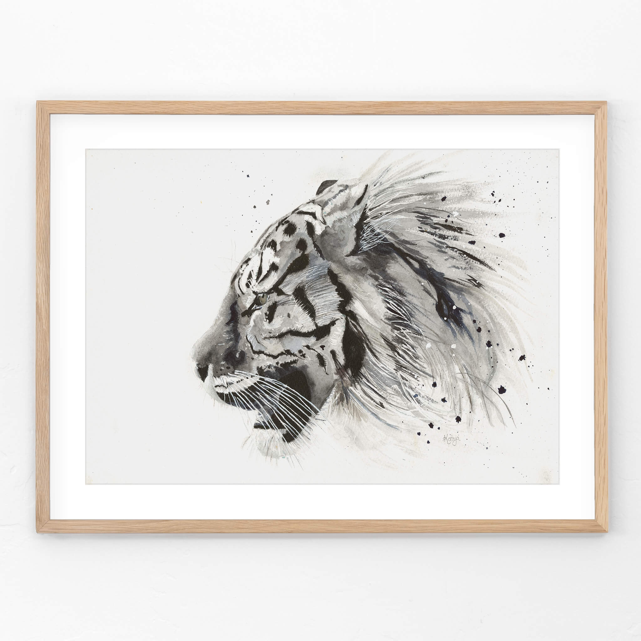 Untamed black and white tiger watercolor print in a light wood frame