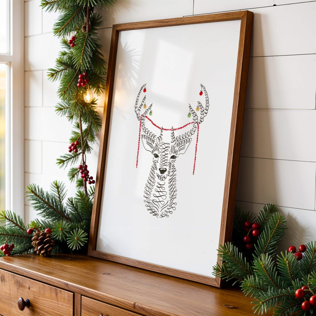 Deck the Antlers calligraphy deer art print with garland and baubles on its antlers, framed on a wooden console with pine garland and red berries, a festive Christmas art gift