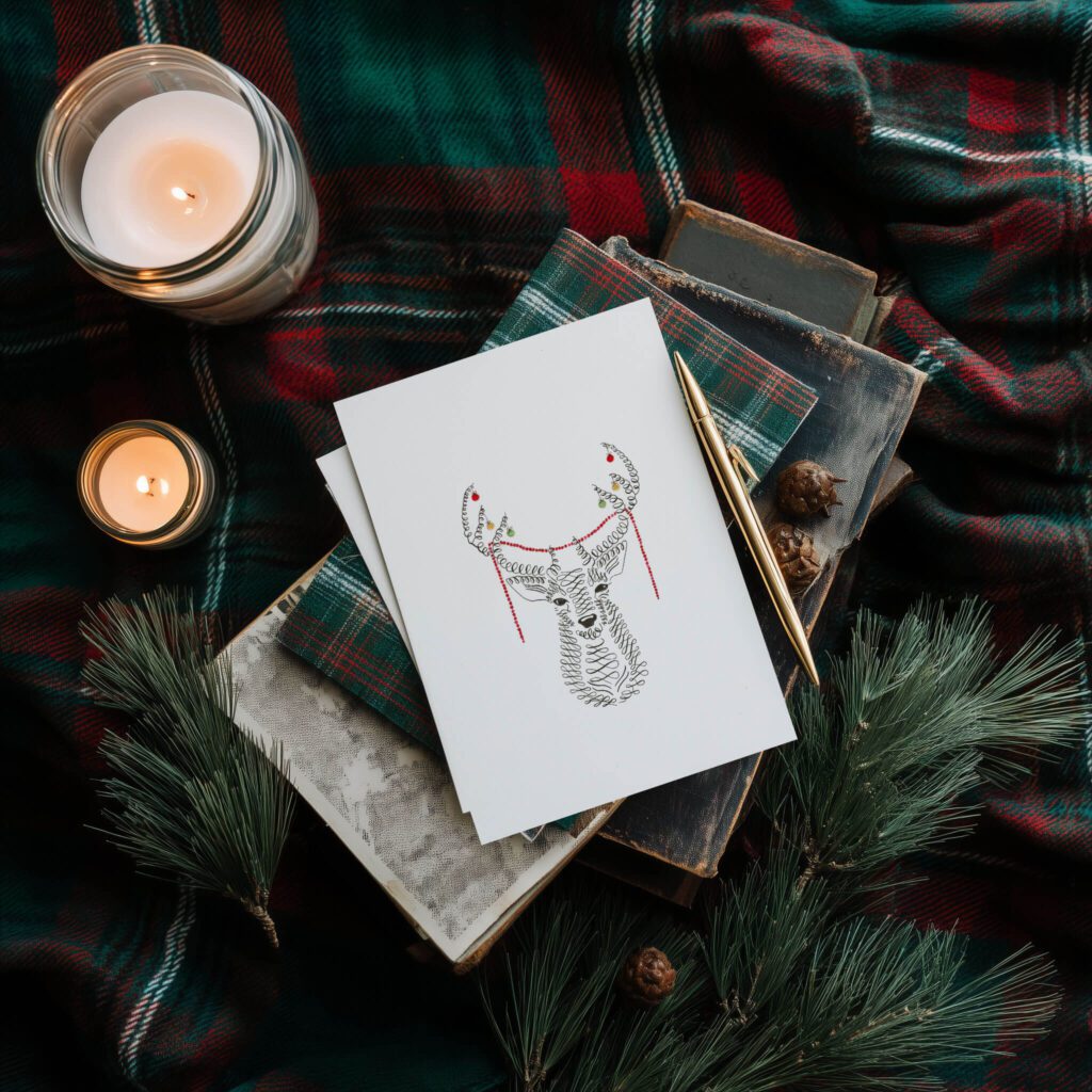 Deck the Antlers Christmas note card with a calligraphy deer wearing garland and baubles, styled on a plaid blanket with pine branches and candles, a matching card for the art print
