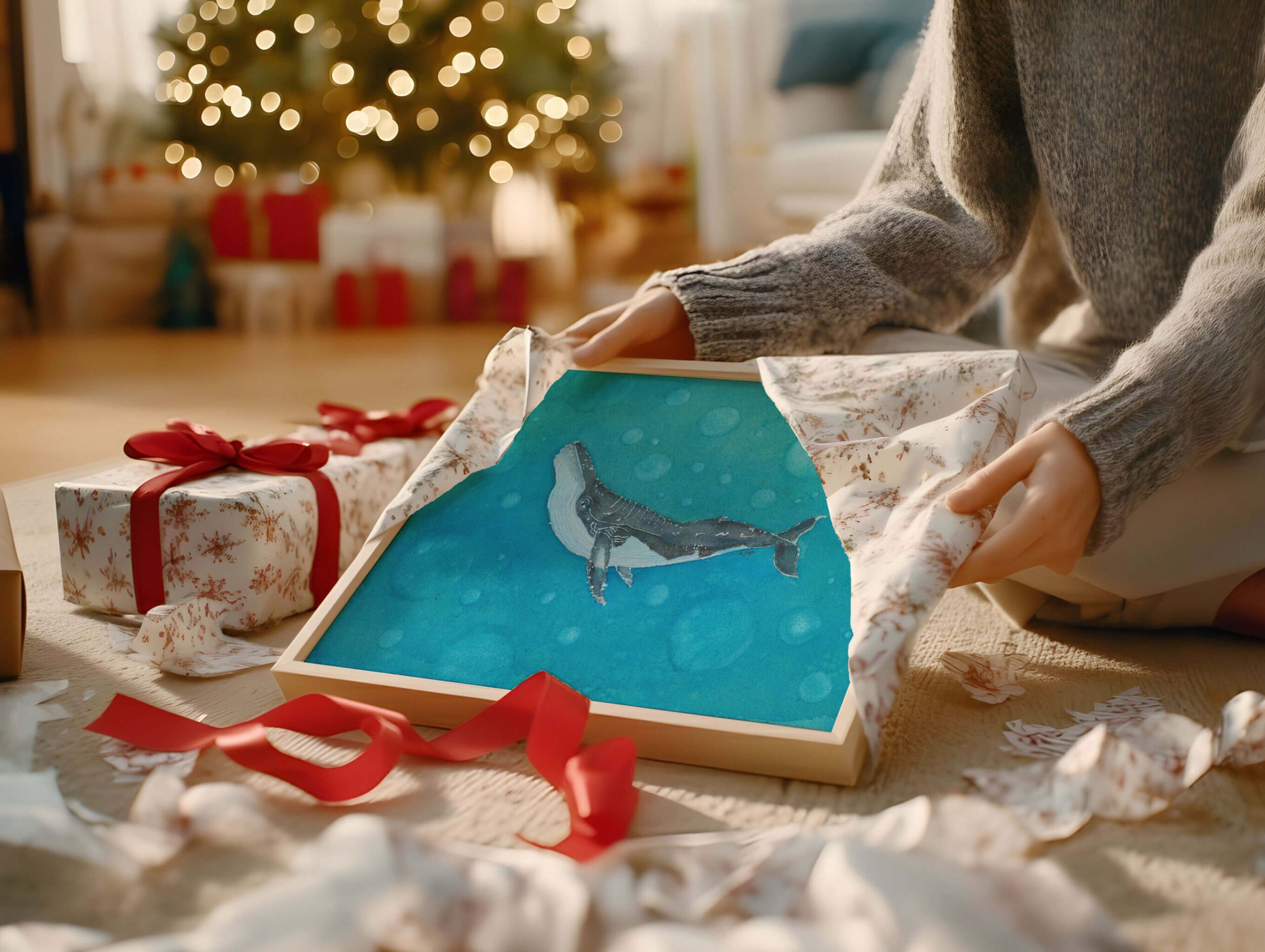 Whale of a Dream humpback whale watercolour art print being unwrapped on Christmas morning, a thoughtful gift for the person who has everything