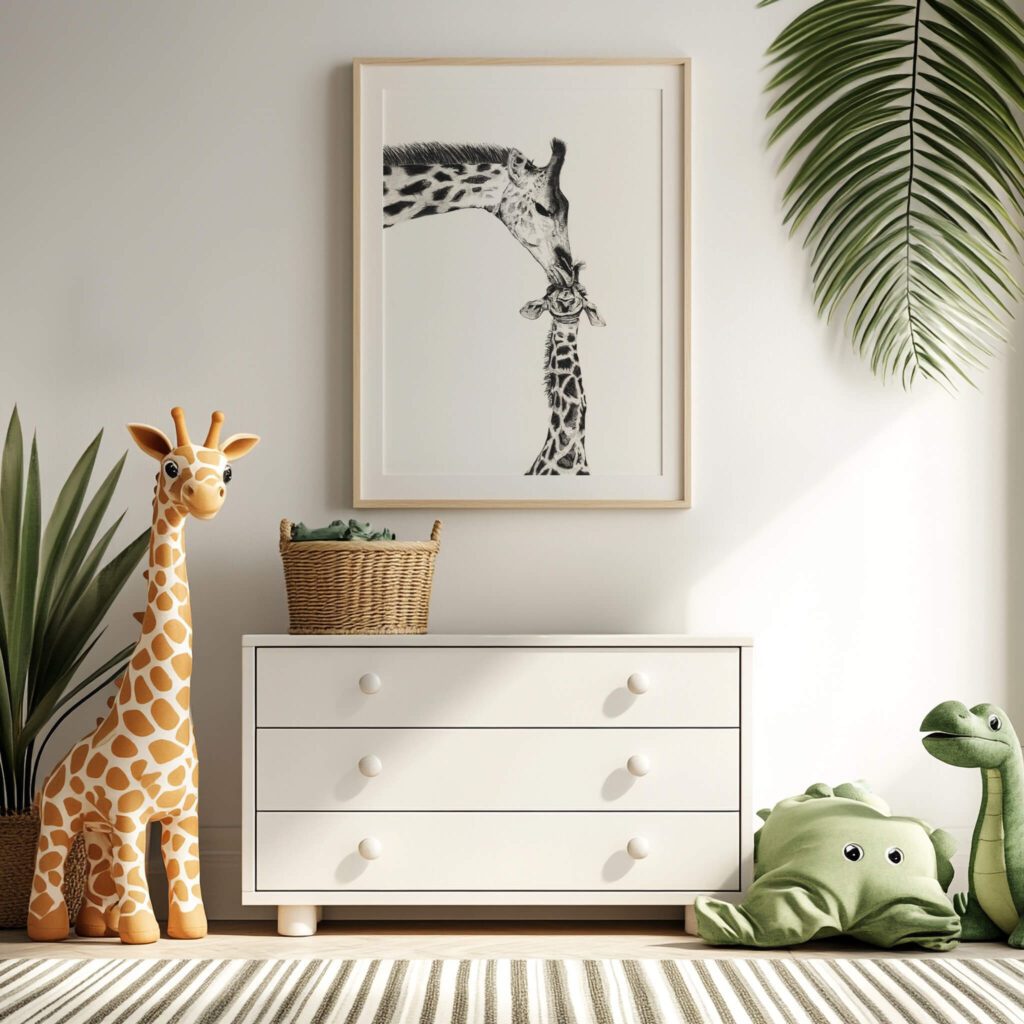 A Mother’s Kiss charcoal drawing of a mother giraffe kissing its baby, framed above a white dresser in a nursery with a plush giraffe and greenery, a sweet gift for new parents