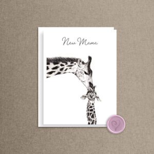 New Mama motherhood card with a giraffe kissing its baby and a dusty rose heart wax seal